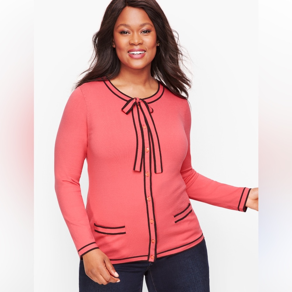 Talbots Tipped Bow cardigan coral with navy trim sz XL